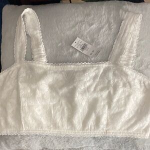 White Lace-Trim Square Neck Crop Tank Top